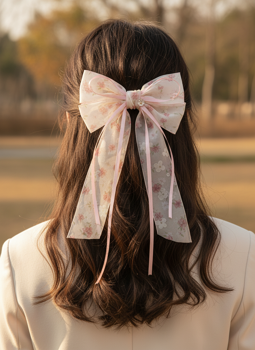 Delicate Pink Floral Bow Hair Clip - Set of 3 3