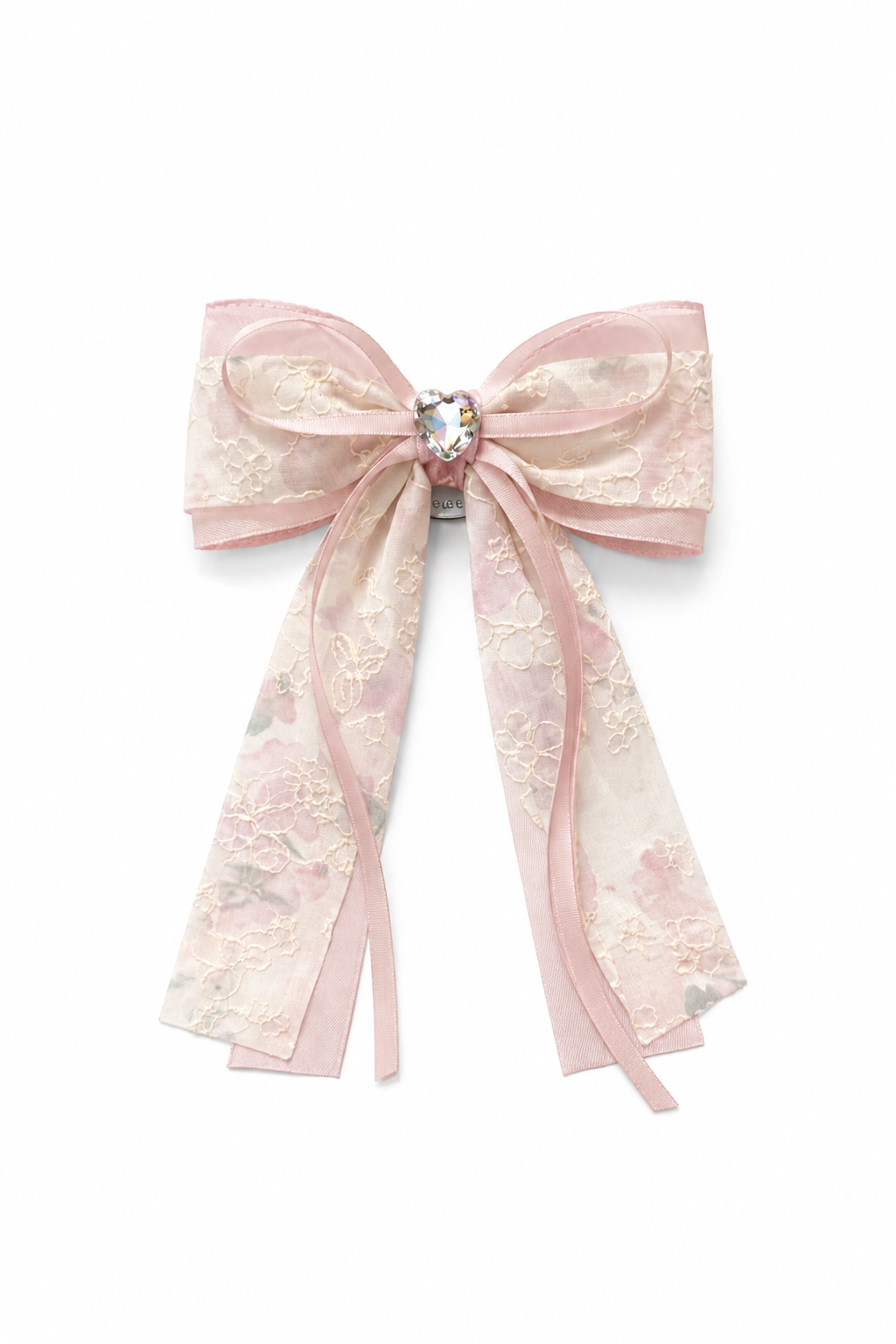 Pink Floral Lace Bow Hair Clip with Heart Accent 1