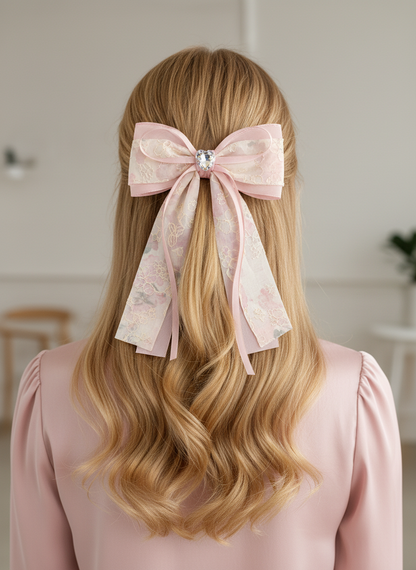 Pink Floral Lace Bow Hair Clip with Heart Accent 2
