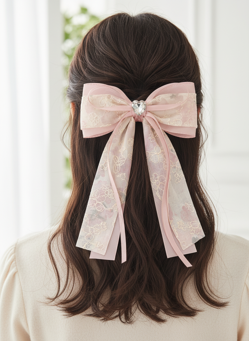 Pink Floral Lace Bow Hair Clip with Heart Accent 3