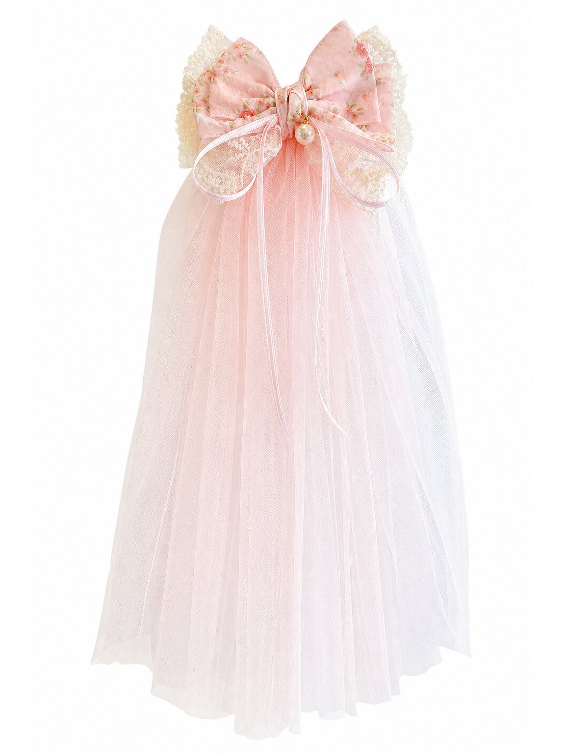 Pink Floral Lace Bow Clip with Long Tulle Tail 1