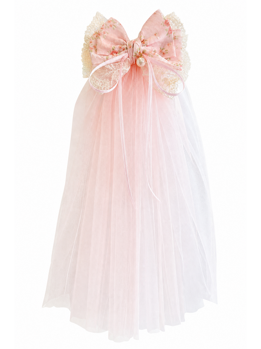 Pink Floral Lace Bow Clip with Long Tulle Tail 1