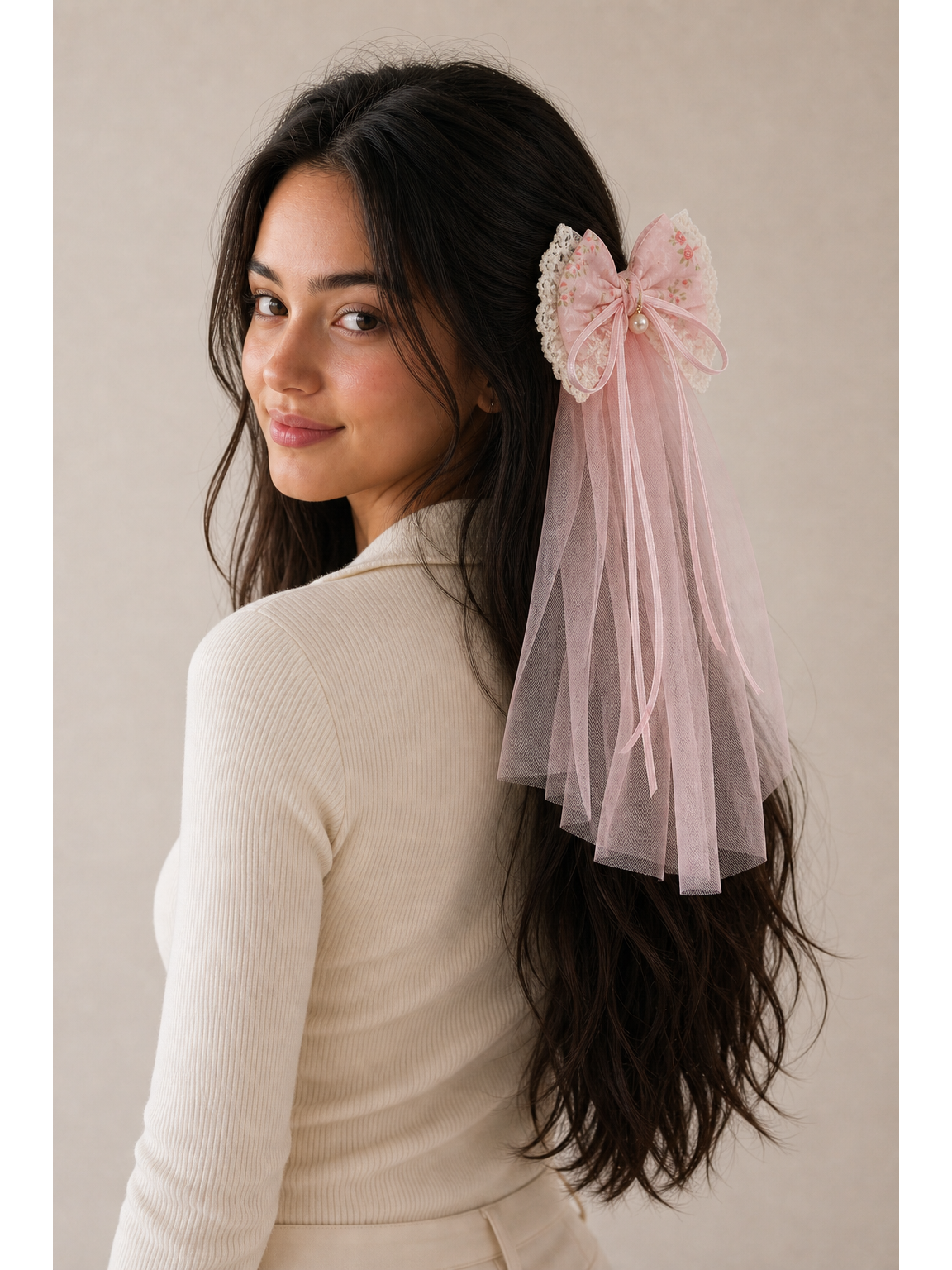 Pink Floral Lace Bow Clip with Long Tulle Tail 2