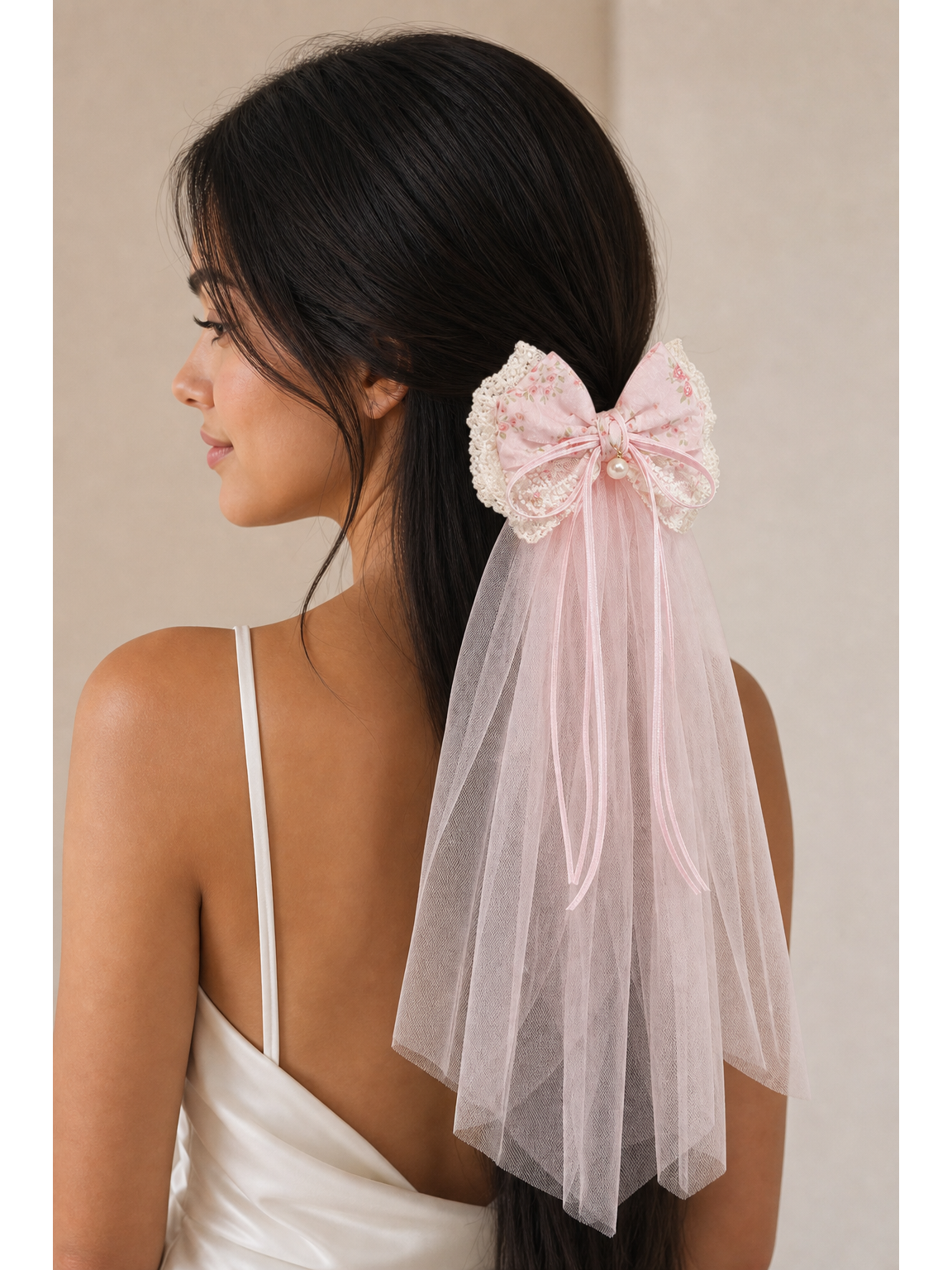 Pink Floral Lace Bow Clip with Long Tulle Tail 3