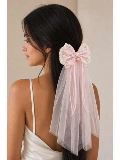 Pink Floral Lace Bow Clip with Long Tulle Tail 3