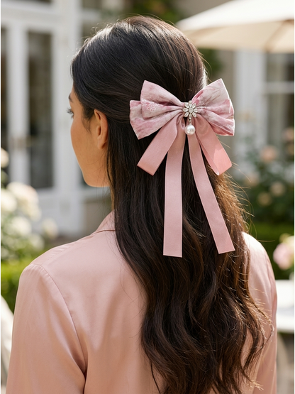 Pink Floral Ribbon Bow Hair Clip 2