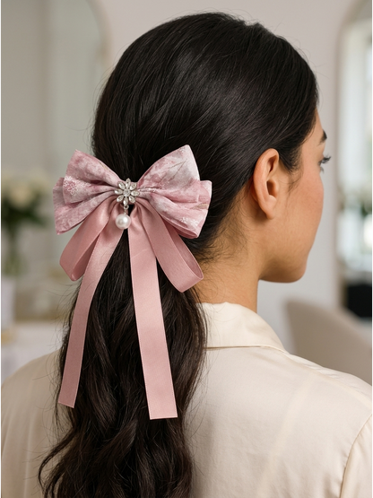 Pink Floral Ribbon Bow Hair Clip 3