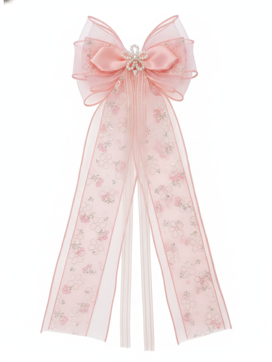 Pink Floral Sheer Bow Hair Clip 1