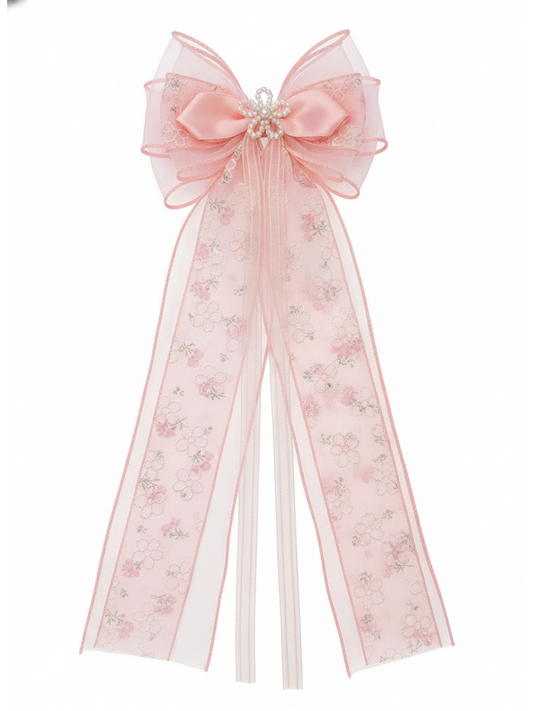 Pink Floral Sheer Bow Hair Clip 1