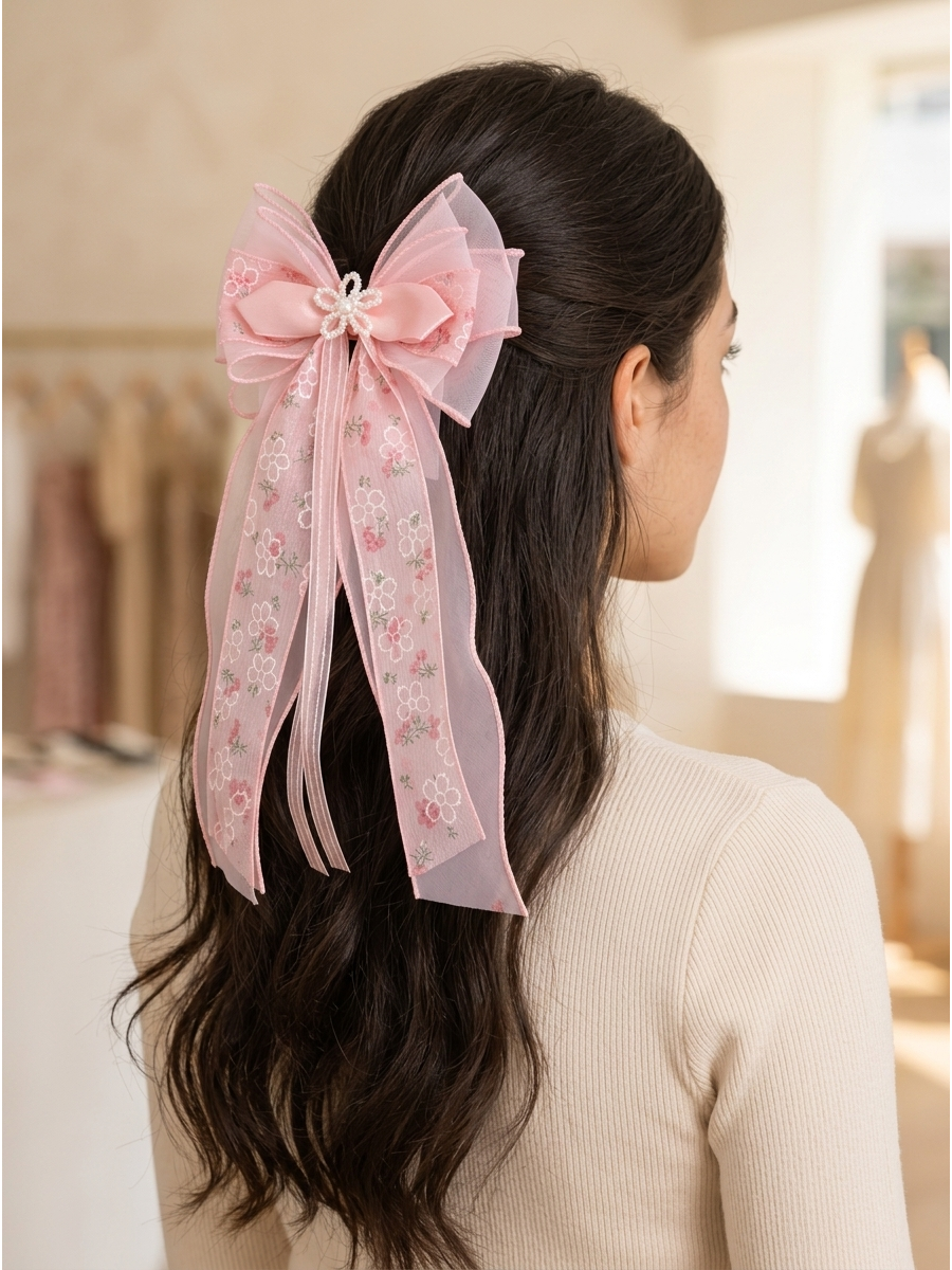 Pink Floral Sheer Bow Hair Clip 2