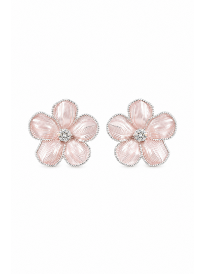 Pink Flower In Finish Rhodium with Sterling Silver Posts Earring 1