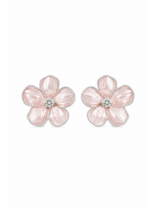 Pink Flower In Finish Rhodium with Sterling Silver Posts Earring