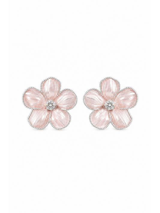 Pink Flower In Finish Rhodium with Sterling Silver Posts Earring 1