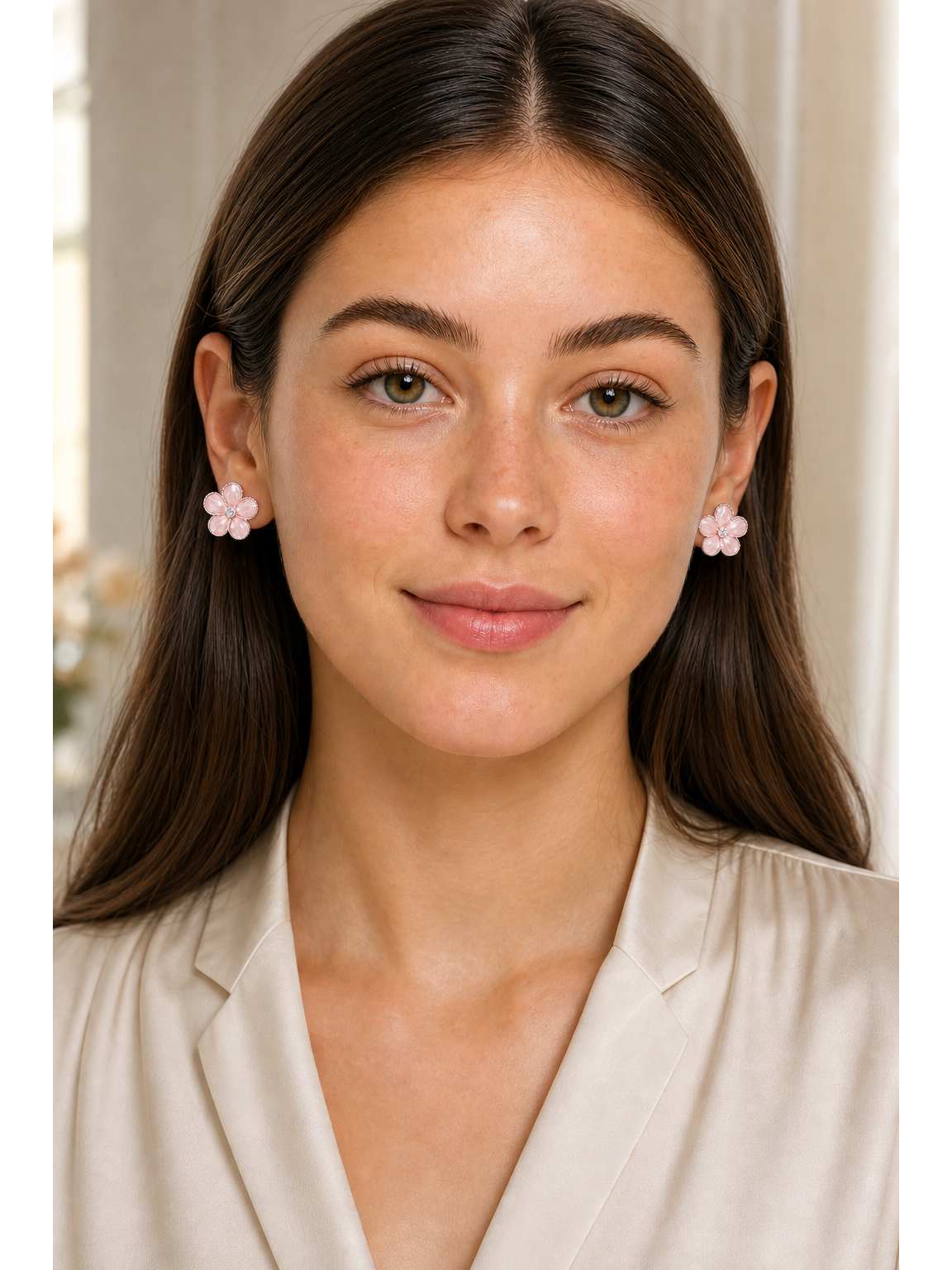 Pink Flower In Finish Rhodium with Sterling Silver Posts Earring 2