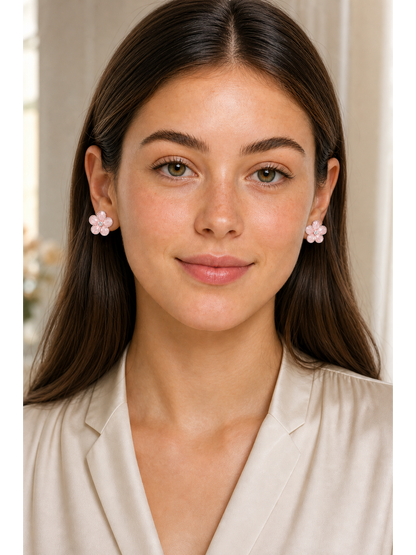 Pink Flower In Finish Rhodium with Sterling Silver Posts Earring 2
