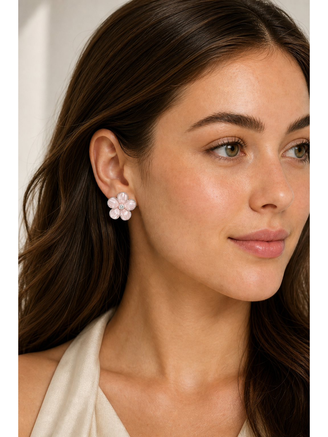 Pink Flower In Finish Rhodium with Sterling Silver Posts Earring 3