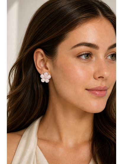 Pink Flower In Finish Rhodium with Sterling Silver Posts Earring 3