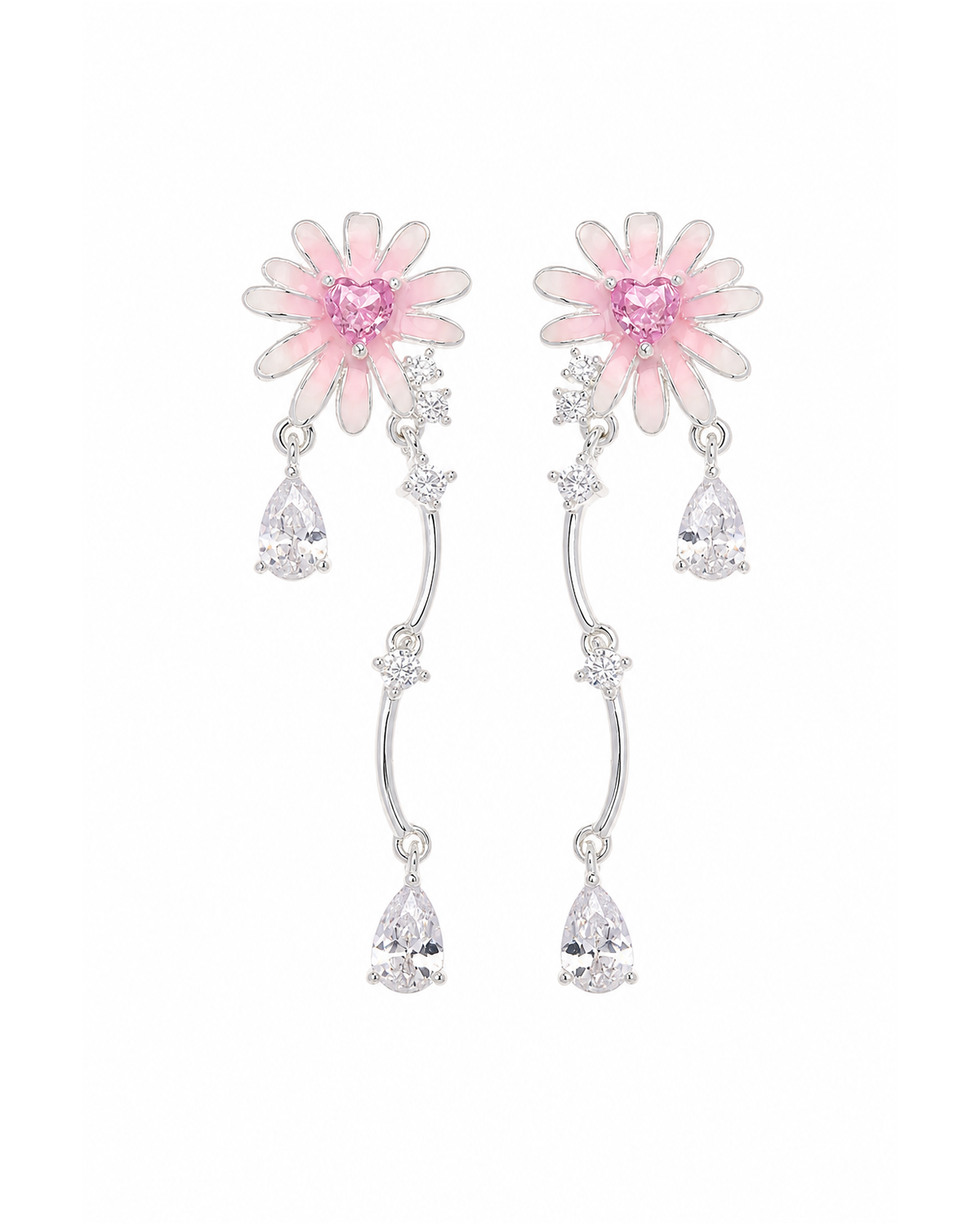 Pink Flower Tassel Drop Rhodium with Sterling Silver Posts Earring 1