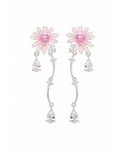 Pink Flower Tassel Drop Rhodium with Sterling Silver Posts Earring 1