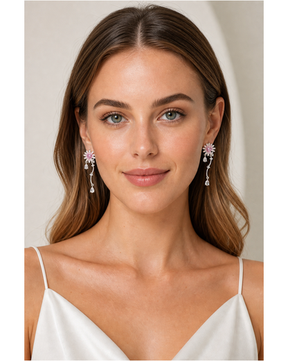 Pink Flower Tassel Drop Rhodium with Sterling Silver Posts Earring 2