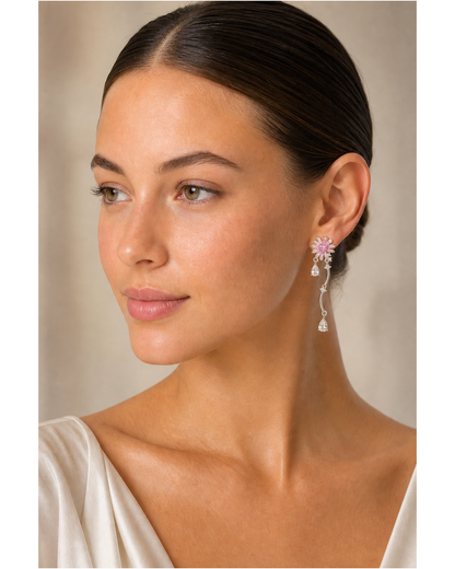 Pink Flower Tassel Drop Rhodium with Sterling Silver Posts Earring 3