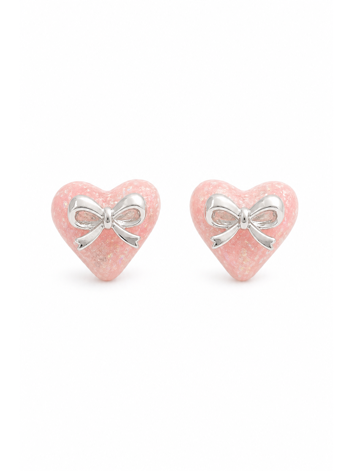 Pink Glitter Heart Bow With Finish Rhodium with Sterling Silver Posts Earring 1