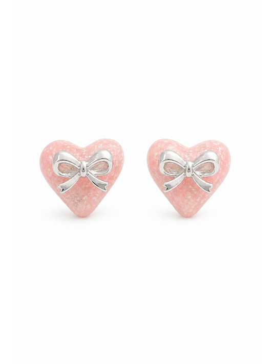 Pink Glitter Heart Bow With Finish Rhodium with Sterling Silver Posts Earring 1