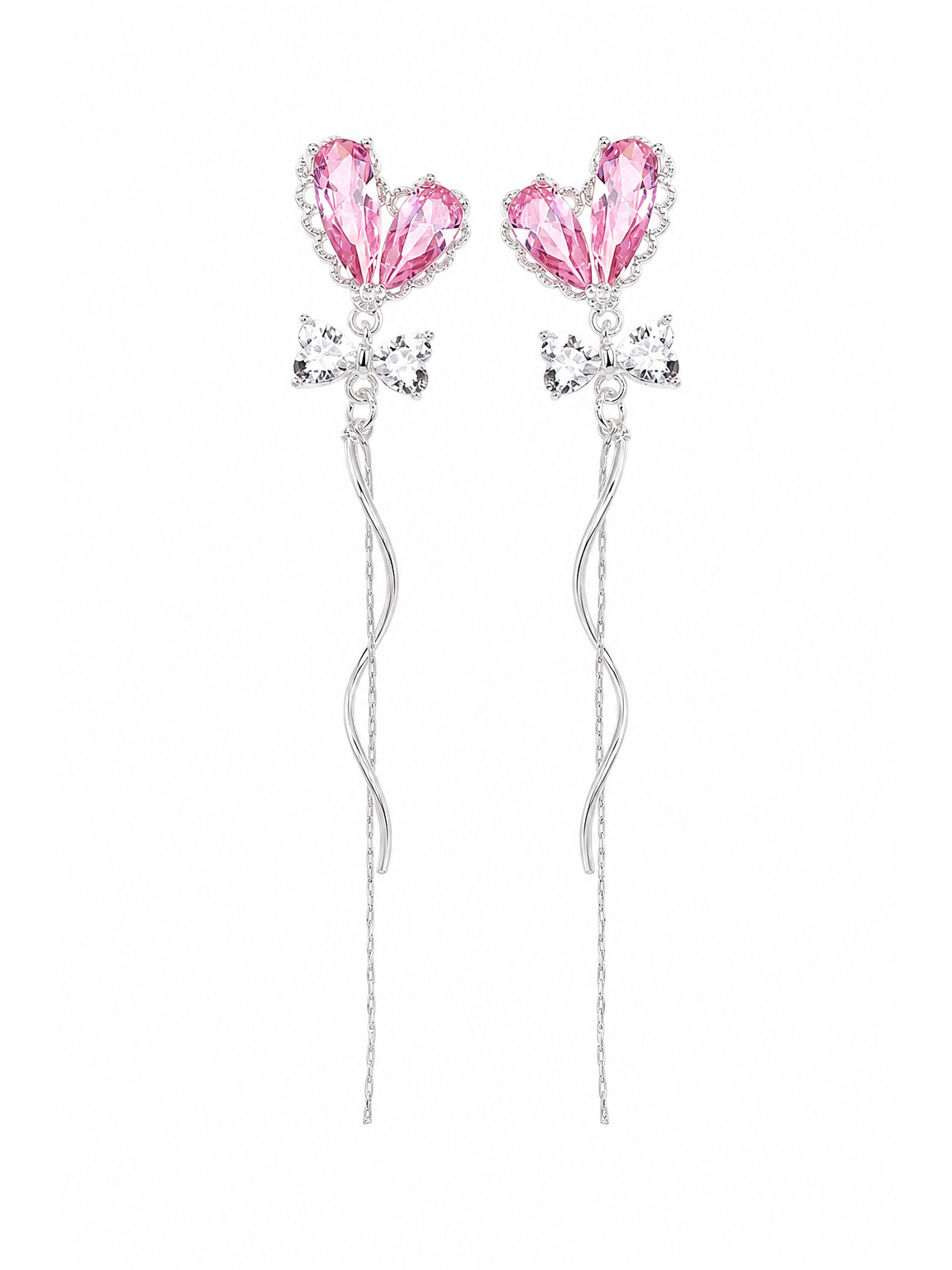 Pink Heart Zircon Bow Tassel Rhodium with Sterling Silver Posts Earring 1