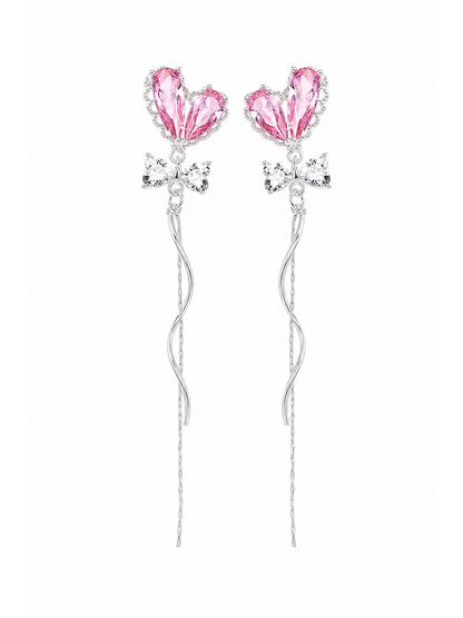 Pink Heart Zircon Bow Tassel Rhodium with Sterling Silver Posts Earring 1