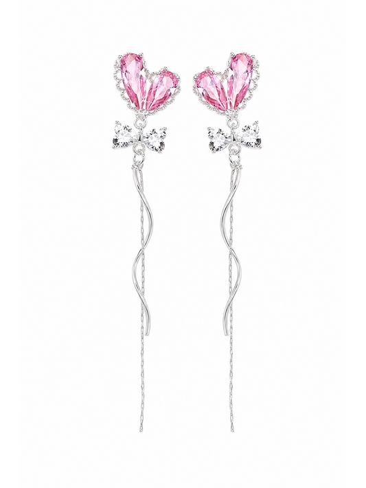 Pink Heart Zircon Bow Tassel Rhodium with Sterling Silver Posts Earring 1