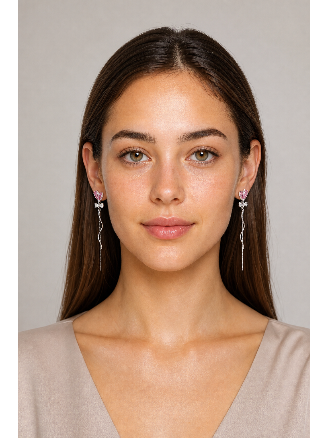 Pink Heart Zircon Bow Tassel Rhodium with Sterling Silver Posts Earring 2