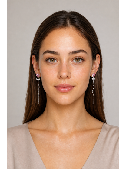 Pink Heart Zircon Bow Tassel Rhodium with Sterling Silver Posts Earring 2