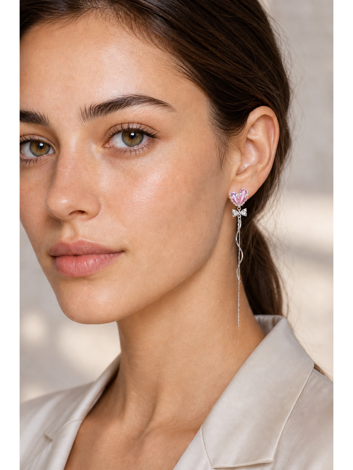 Pink Heart Zircon Bow Tassel Rhodium with Sterling Silver Posts Earring 3
