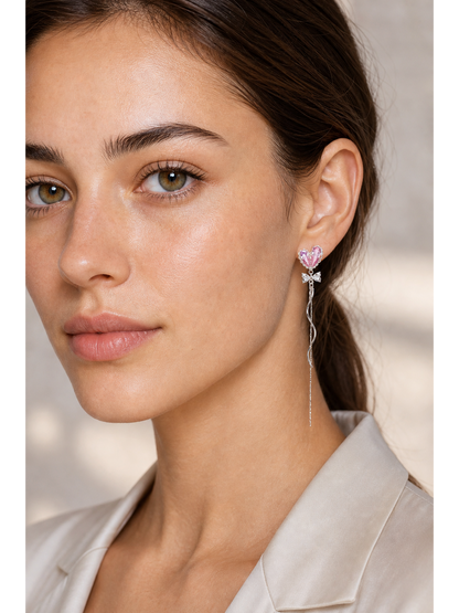 Pink Heart Zircon Bow Tassel Rhodium with Sterling Silver Posts Earring 3