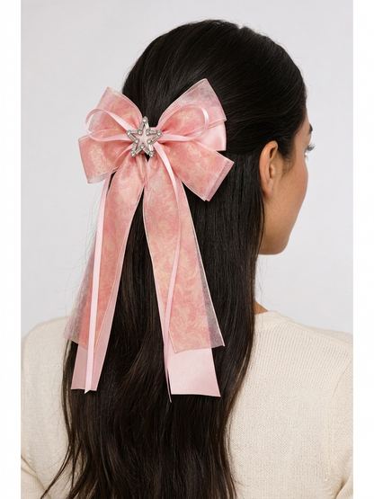 Pink Iridescent Bow Hair Clip with Star Center 2