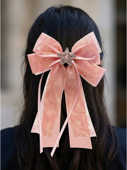 Pink Iridescent Bow Hair Clip with Star Center 3