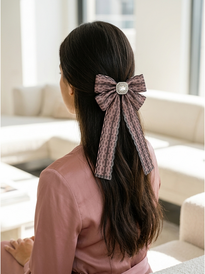 Pink Lace Bow Hair Clip with Long Tails 2