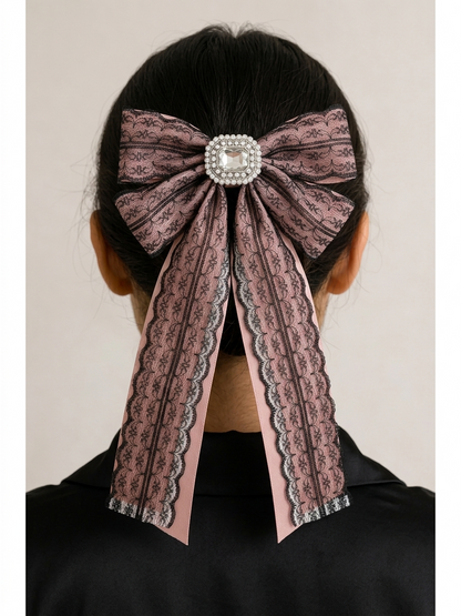 Pink Lace Bow Hair Clip with Long Tails 3