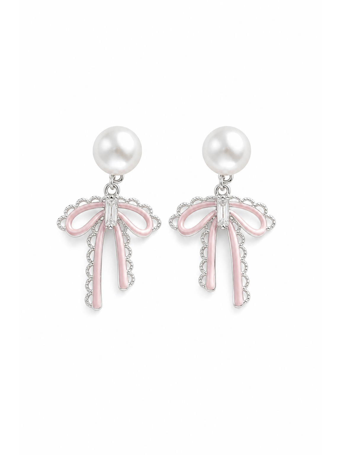 Pink Lace Bow Pearl Drop With Finish Rhodium with Sterling Silver Posts Earring 1