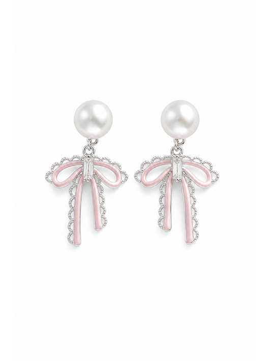 Pink Lace Bow Pearl Drop With Finish Rhodium with Sterling Silver Posts Earring 1