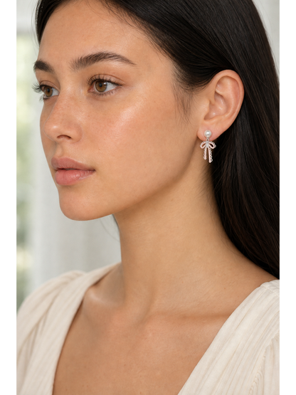 Pink Lace Bow Pearl Drop With Finish Rhodium with Sterling Silver Posts Earring 3