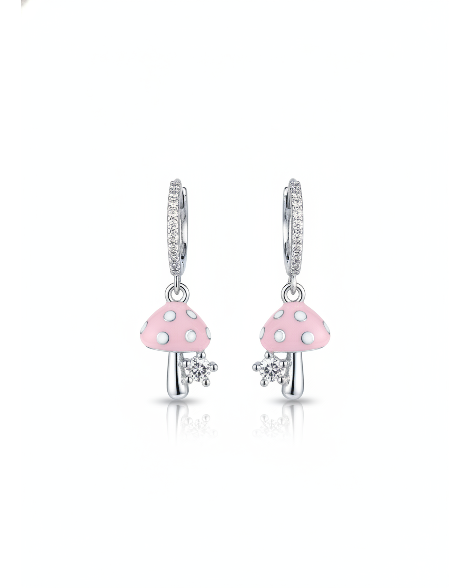 Pink Mushroom Cubic Zirconia Hoop Rhodium with Sterling Silver Posts Earring 1