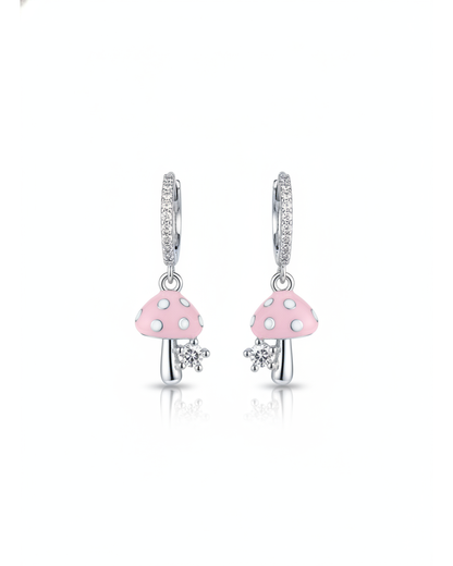 Pink Mushroom Cubic Zirconia Hoop Rhodium with Sterling Silver Posts Earring 1