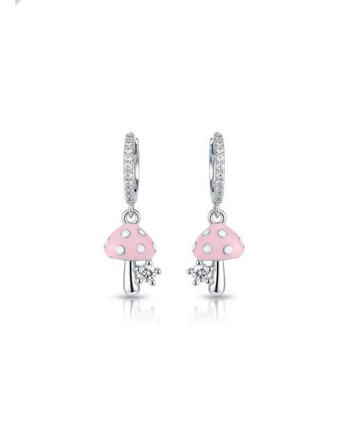 Pink Mushroom Cubic Zirconia Hoop Rhodium with Sterling Silver Posts Earring