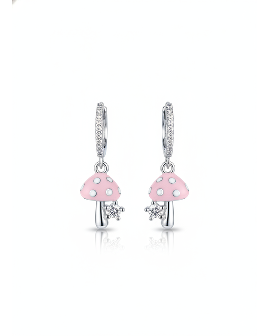 Pink Mushroom Cubic Zirconia Hoop Rhodium with Sterling Silver Posts Earring 1