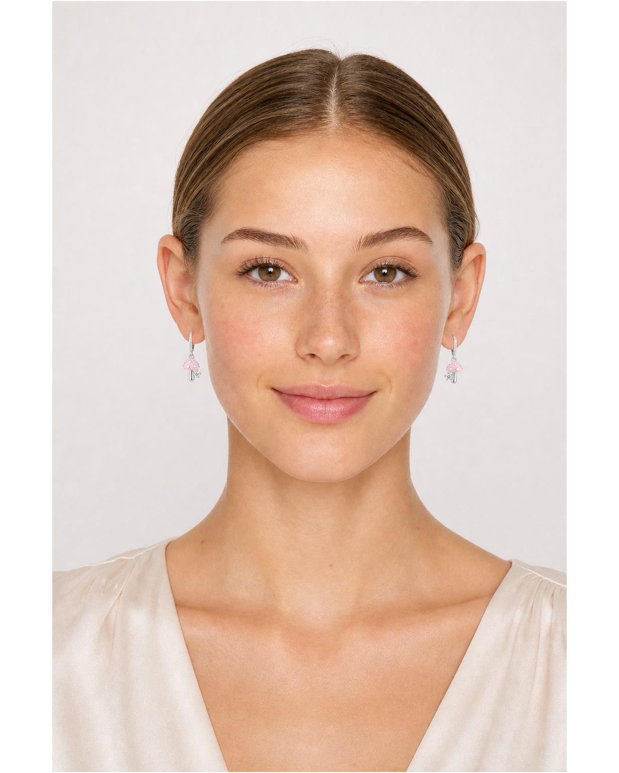 Pink Mushroom Cubic Zirconia Hoop Rhodium with Sterling Silver Posts Earring 2