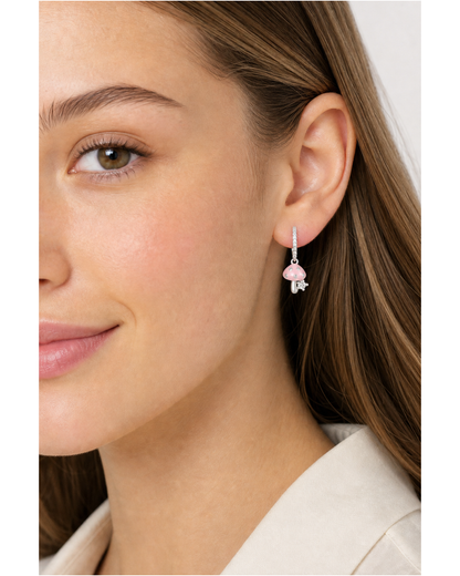 Pink Mushroom Cubic Zirconia Hoop Rhodium with Sterling Silver Posts Earring 3