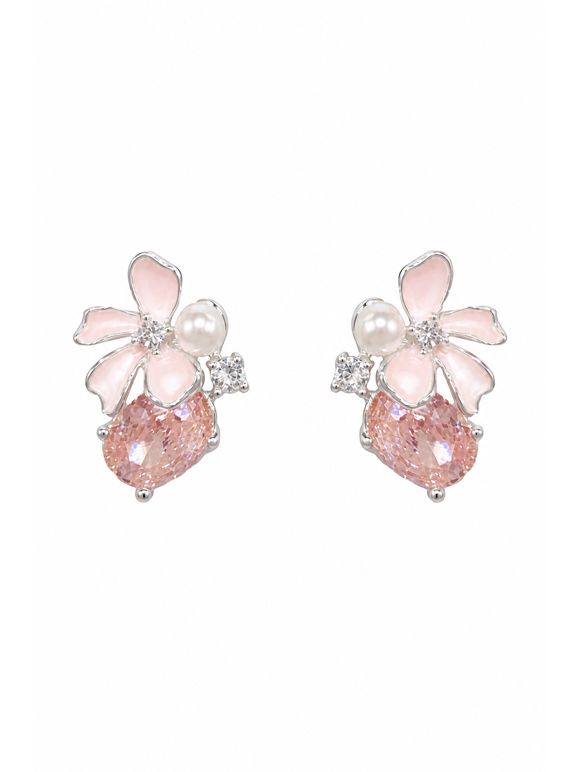 Pink Petal Zircon Flower Rhodium with Sterling Silver Posts Earring 1