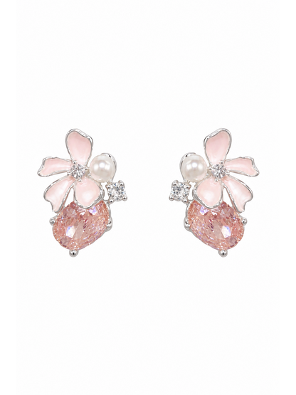 Pink Petal Zircon Flower Rhodium with Sterling Silver Posts Earring 1