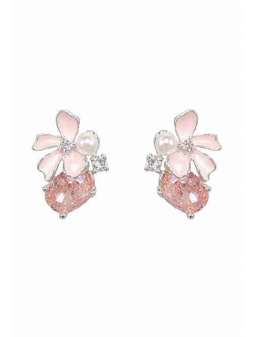 Pink Petal Zircon Flower Rhodium with Sterling Silver Posts Earring